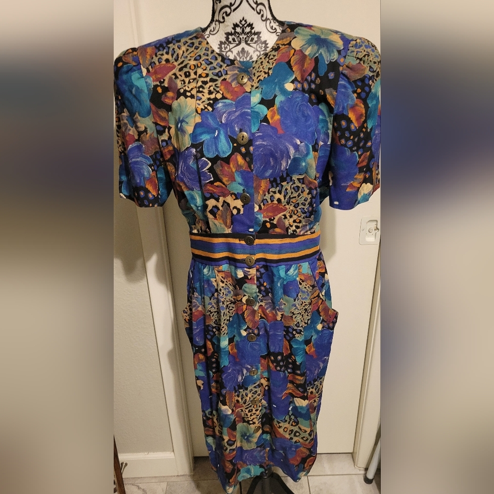 Vintage‎ Positive Attitude Violet Floral Rayon Midi Dress Sz 9/10 Shoulder Pads!
